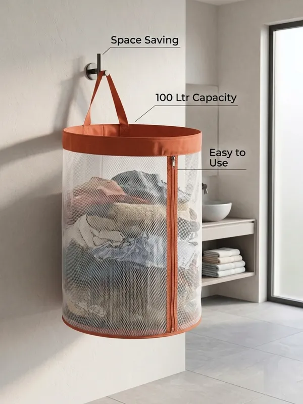 NWF_Hanging_Mesh_Laundry_Bag_with_Side_Zipper,_100L_Large_Capacity_Breathable_Hamper,_Polyester_Mesh_with_Cotton_Base_&_Strong_Handles,_Foldable_Wall/Door_Laundry_Bag_(18”_Dia_×_24”_Height)