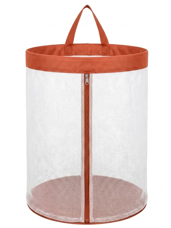 NWF_Hanging_Mesh_Laundry_Bag_with_Side_Zipper,_100L_Large_Capacity_Breathable_Hamper,_Polyester_Mesh_with_Cotton_Base_&_Strong_Handles,_Foldable_Wall/Door_Laundry_Bag_(18”_Dia_×_24”_Height)