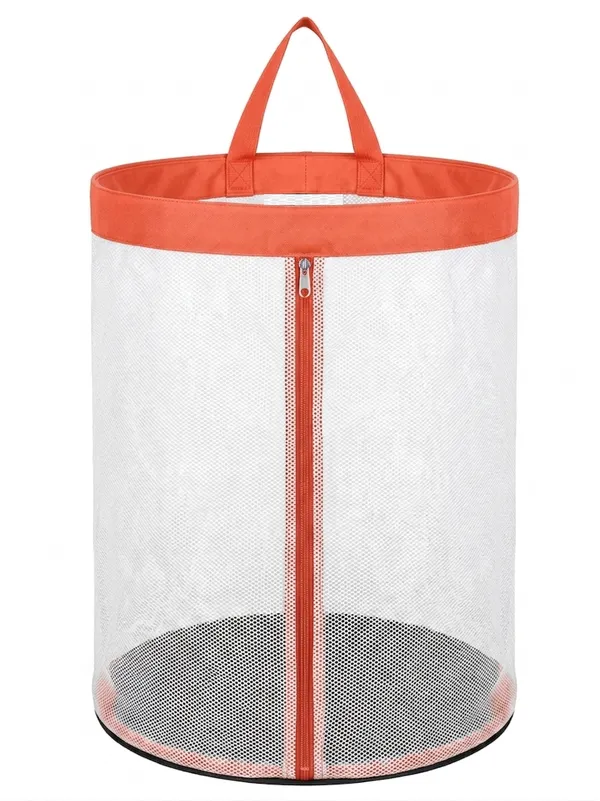 NWF_Hanging_Mesh_Laundry_Bag_with_Side_Zipper,_100L_Large_Capacity_Breathable_Hamper,_Polyester_Mesh_with_Cotton_Base_&_Strong_Handles,_Foldable_Wall/Door_Laundry_Bag_(18”_Dia_×_24”_Height)