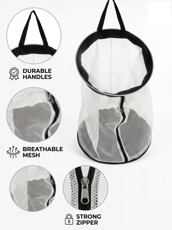 NWF_Hanging_Mesh_Laundry_Bag_with_Side_Zipper,_100L_Large_Capacity_Breathable_Hamper,_Polyester_Mesh_with_Cotton_Base_&_Strong_Handles,_Foldable_Wall/Door_Laundry_Bag_(18”_Dia_×_24”_Height)