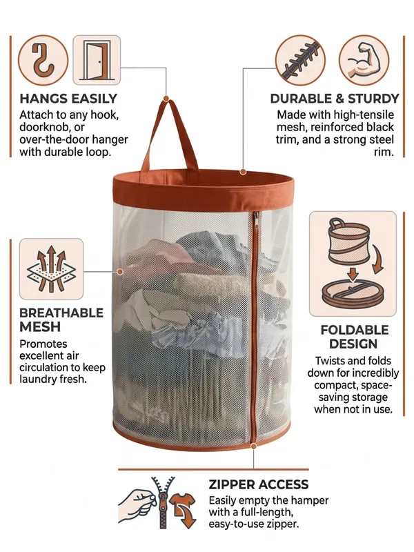 NWF_Hanging_Mesh_Laundry_Bag_with_Side_Zipper,_100L_Large_Capacity_Breathable_Hamper,_Polyester_Mesh_with_Cotton_Base_&_Strong_Handles,_Foldable_Wall/Door_Laundry_Bag_(18”_Dia_×_24”_Height)