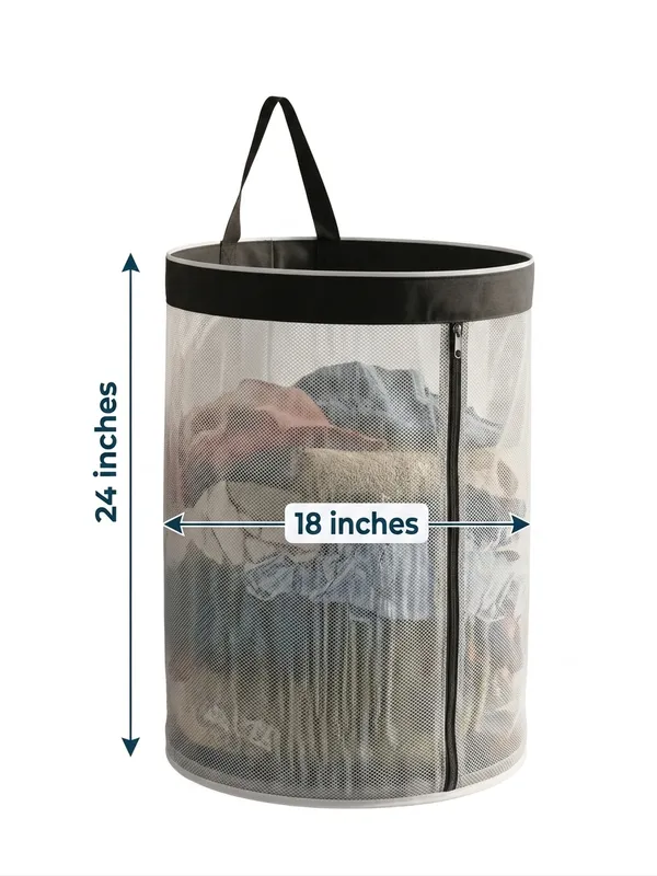 NWF_Hanging_Mesh_Laundry_Bag_with_Side_Zipper,_100L_Large_Capacity_Breathable_Hamper,_Polyester_Mesh_with_Cotton_Base_&_Strong_Handles,_Foldable_Wall/Door_Laundry_Bag_(18”_Dia_×_24”_Height)