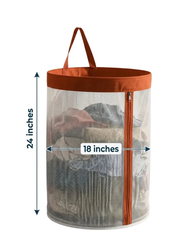 NWF_Hanging_Mesh_Laundry_Bag_with_Side_Zipper,_100L_Large_Capacity_Breathable_Hamper,_Polyester_Mesh_with_Cotton_Base_&_Strong_Handles,_Foldable_Wall/Door_Laundry_Bag_(18”_Dia_×_24”_Height)