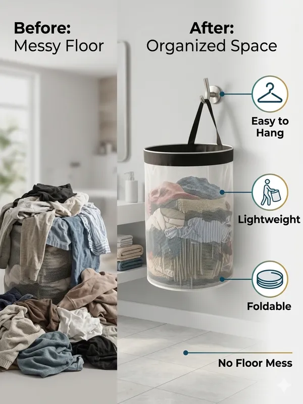NWF_Hanging_Mesh_Laundry_Bag_with_Side_Zipper,_100L_Large_Capacity_Breathable_Hamper,_Polyester_Mesh_with_Cotton_Base_&_Strong_Handles,_Foldable_Wall/Door_Laundry_Bag_(18”_Dia_×_24”_Height)