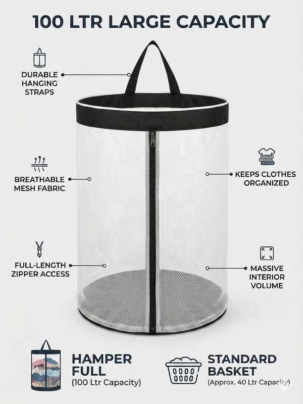 NWF_Hanging_Mesh_Laundry_Bag_with_Side_Zipper,_100L_Large_Capacity_Breathable_Hamper,_Polyester_Mesh_with_Cotton_Base_&_Strong_Handles,_Foldable_Wall/Door_Laundry_Bag_(18”_Dia_×_24”_Height)