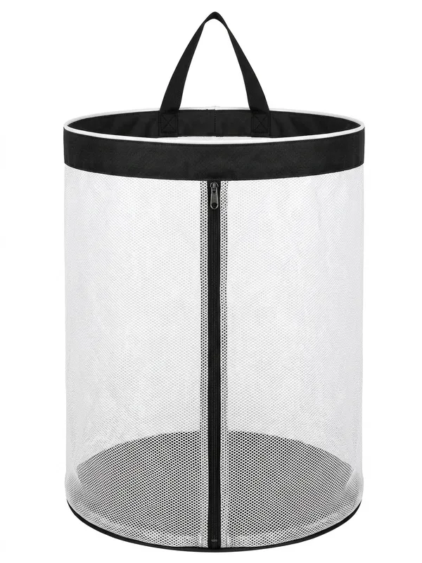 NWF_Hanging_Mesh_Laundry_Bag_with_Side_Zipper,_100L_Large_Capacity_Breathable_Hamper,_Polyester_Mesh_with_Cotton_Base_&_Strong_Handles,_Foldable_Wall/Door_Laundry_Bag_(18”_Dia_×_24”_Height)