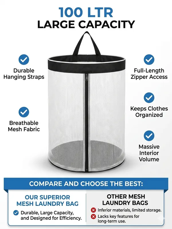NWF_Hanging_Mesh_Laundry_Bag_with_Side_Zipper,_100L_Large_Capacity_Breathable_Hamper,_Polyester_Mesh_with_Cotton_Base_&_Strong_Handles,_Foldable_Wall/Door_Laundry_Bag_(18”_Dia_×_24”_Height)