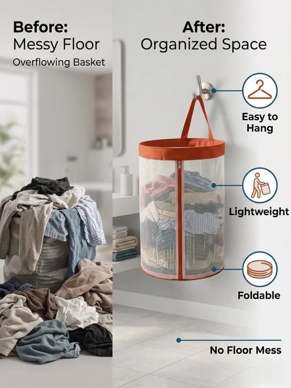 NWF_Hanging_Mesh_Laundry_Bag_with_Side_Zipper,_100L_Large_Capacity_Breathable_Hamper,_Polyester_Mesh_with_Cotton_Base_&_Strong_Handles,_Foldable_Wall/Door_Laundry_Bag_(18”_Dia_×_24”_Height)