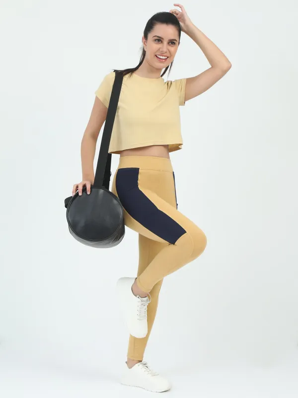 Khaki_&_Black_Contrast_Thigh_Ankle_Sports_Jegging_For_Women