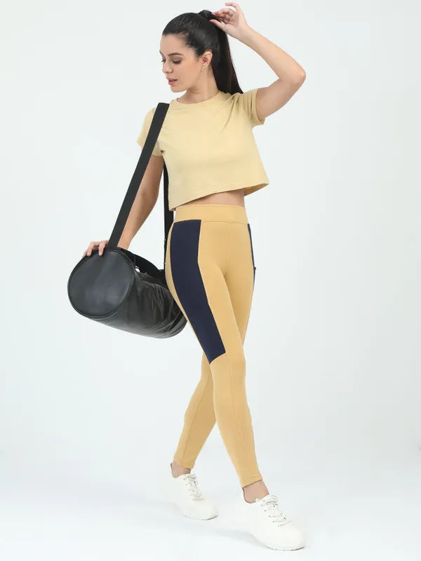 Khaki_&_Black_Contrast_Thigh_Ankle_Sports_Jegging_For_Women