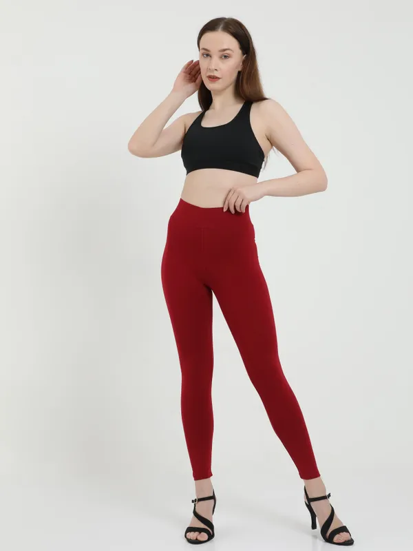 Maroon_Plus_Size_Cotton_Spandex_Ankle_Leggings_For_Women