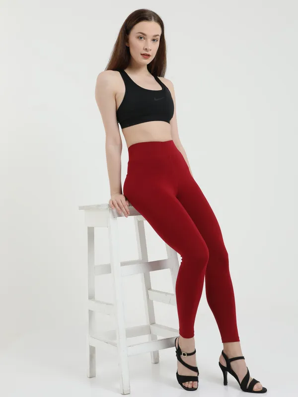 Maroon_Plus_Size_Cotton_Spandex_Ankle_Leggings_For_Women