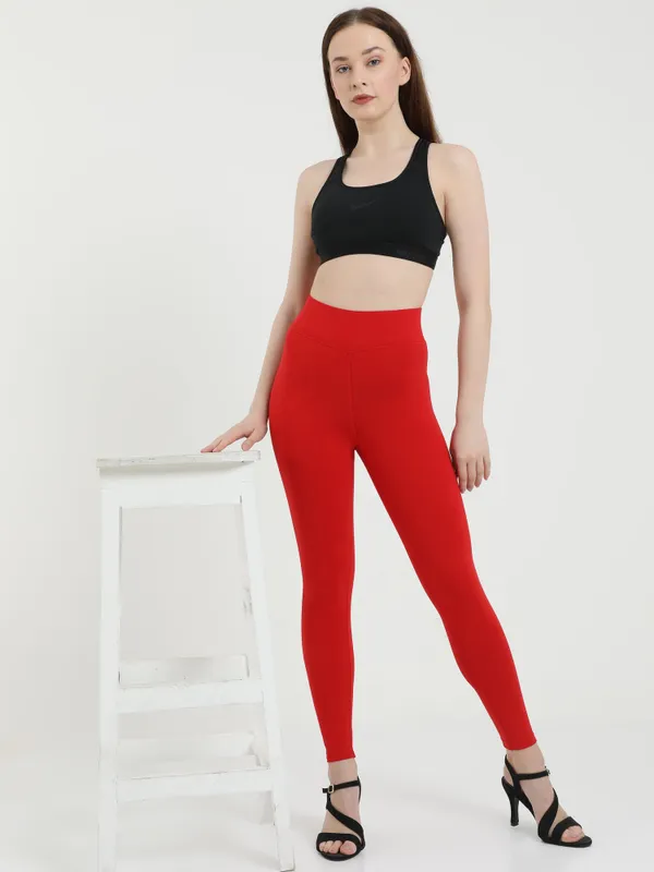 Red_Plus_Size_Cotton_Spandex_Ankle_Leggings_For_Women