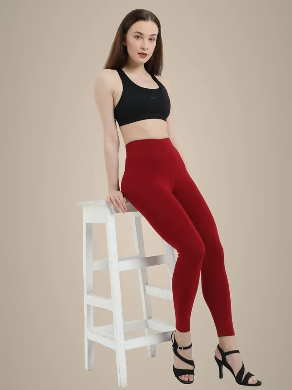 Maroon_Plus_Size_Cotton_Spandex_Ankle_Leggings_For_Women