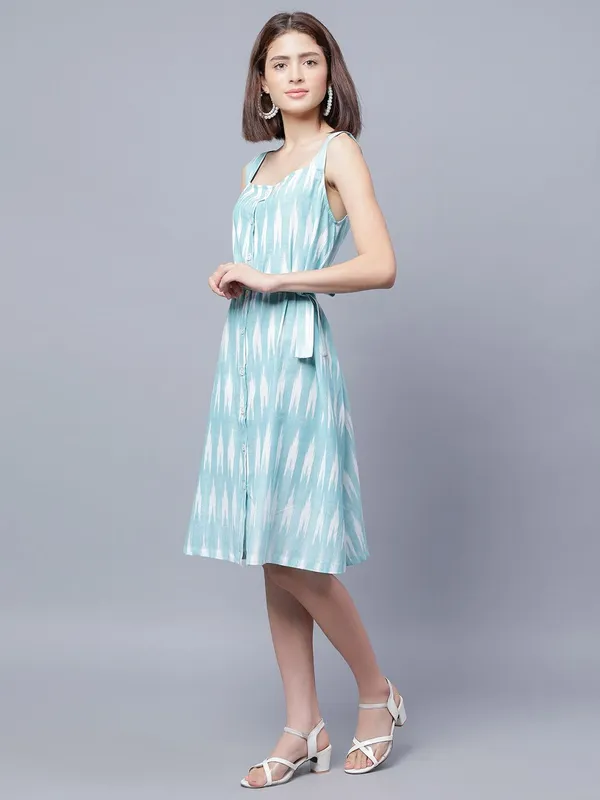 Sea_Green_Cotton_Ethnic_Motifs_Ikkat_Printed_Shoulder_Straps_Tie_Up_Cotton_Shirt_Dress_With_Belt_For_Women