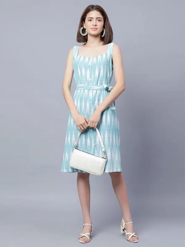 Sea_Green_Cotton_Ethnic_Motifs_Ikkat_Printed_Shoulder_Straps_Tie_Up_Cotton_Shirt_Dress_With_Belt_For_Women