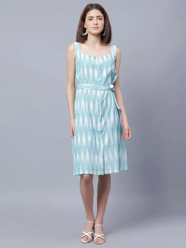 Sea_Green_Cotton_Ethnic_Motifs_Ikkat_Printed_Shoulder_Straps_Tie_Up_Cotton_Shirt_Dress_With_Belt_For_Women