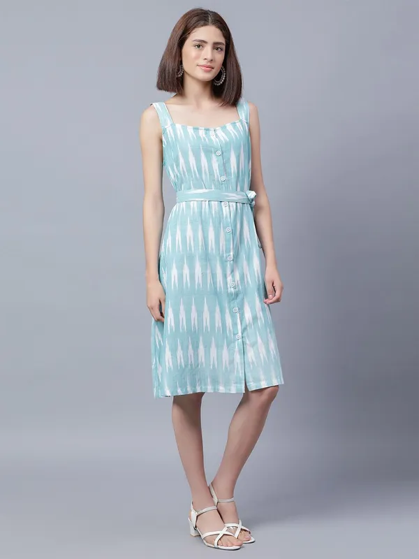 Sea_Green_Cotton_Ethnic_Motifs_Ikkat_Printed_Shoulder_Straps_Tie_Up_Cotton_Shirt_Dress_With_Belt_For_Women