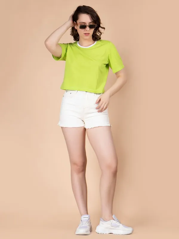 Green_Cotton_Round_Neck_Slim_Fit_Cotton_Casual_Crop_T-Shirt_For_Women