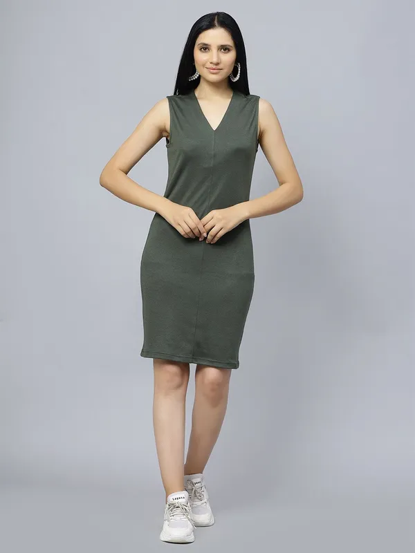 Olive_Cotton_V-Neck_Sleeveless_Cotton_Sheath_Dress_For_Women