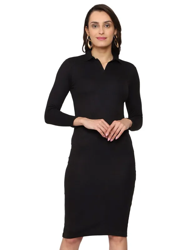 Black_Cotton_Shirt_Collar_Bodycon_Dress_For_Women