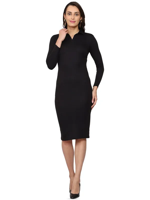 Black_Cotton_Shirt_Collar_Bodycon_Dress_For_Women