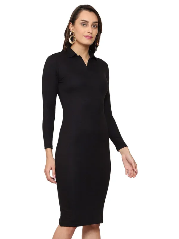Black_Cotton_Shirt_Collar_Bodycon_Dress_For_Women