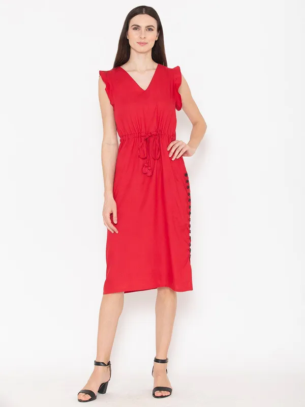 Red_Cotton_V-Neck_Flutter_Sleeve_A-Line_Dress_For_Women