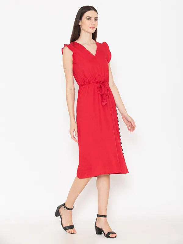 Red_Cotton_V-Neck_Flutter_Sleeve_A-Line_Dress_For_Women