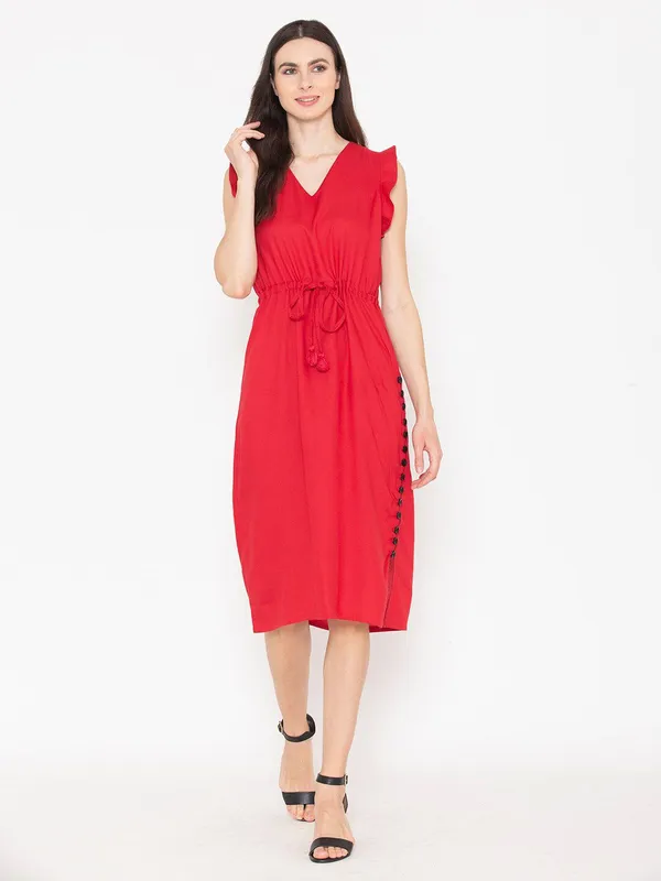 Red_Cotton_V-Neck_Flutter_Sleeve_A-Line_Dress_For_Women