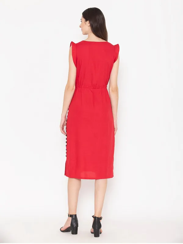 Red_Cotton_V-Neck_Flutter_Sleeve_A-Line_Dress_For_Women