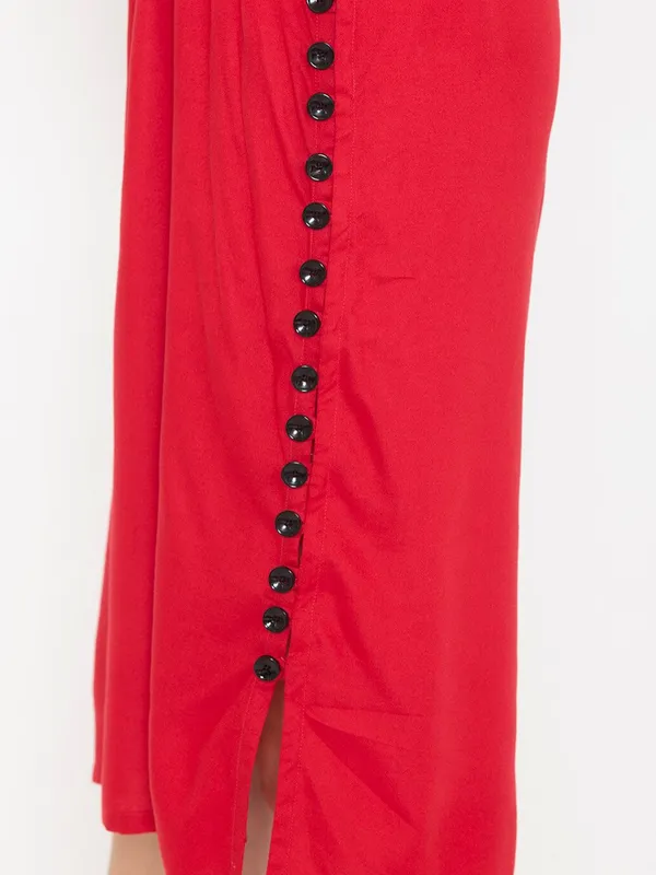 Red_Cotton_V-Neck_Flutter_Sleeve_A-Line_Dress_For_Women