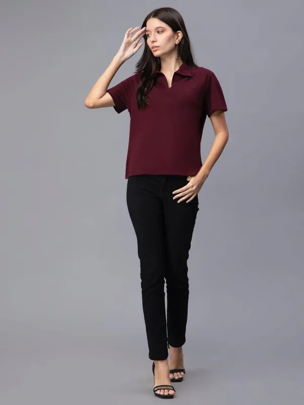 Maroon_Cotton_Polo_Collar_Slim_Fit_Cotton_T-Shirt_For_Women