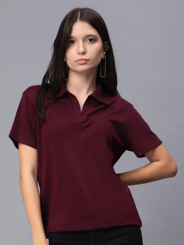 Maroon_Cotton_Polo_Collar_Slim_Fit_Cotton_T-Shirt_For_Women