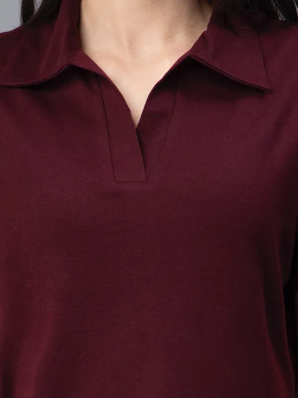 Maroon_Cotton_Polo_Collar_Slim_Fit_Cotton_T-Shirt_For_Women