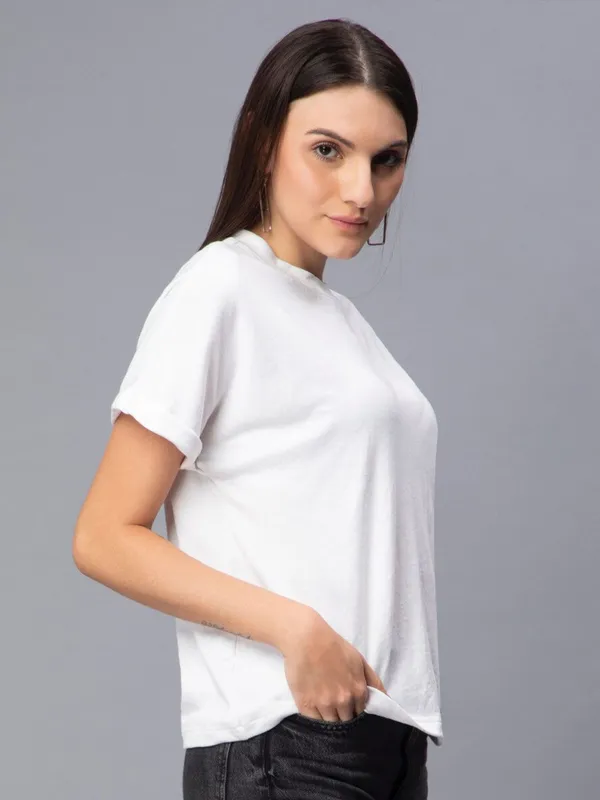 White_Cotton_Extended_Sleeves_Cotton_Slim_Fit_T-Shirt_For_Women