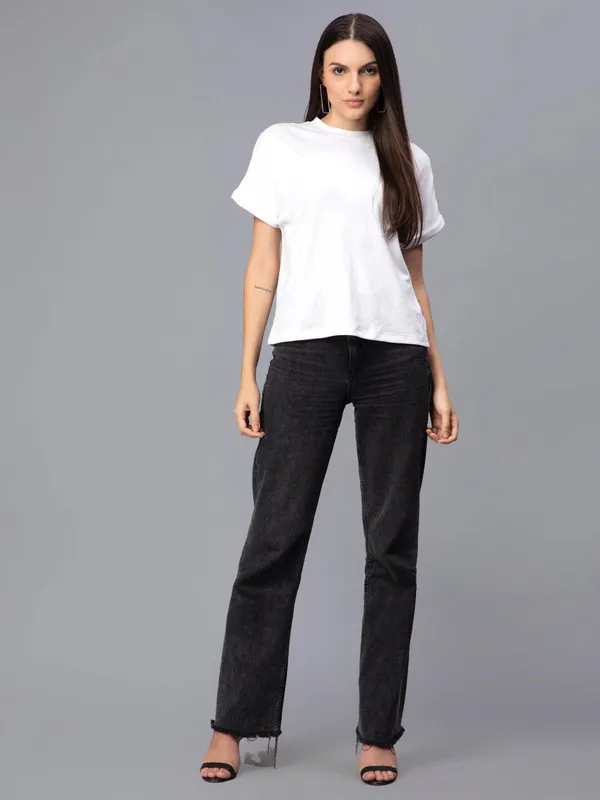White_Cotton_Extended_Sleeves_Cotton_Slim_Fit_T-Shirt_For_Women
