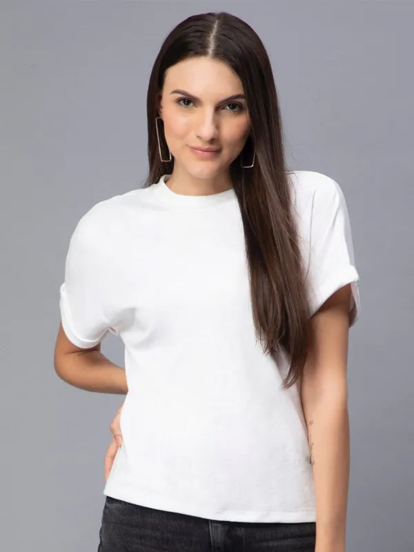 White_Cotton_Extended_Sleeves_Cotton_Slim_Fit_T-Shirt_For_Women