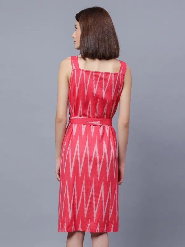 Red_Cotton_Chevron_Printed_Shoulder_Strap_Belted_Cotton_A-Line_Dress_For_Women