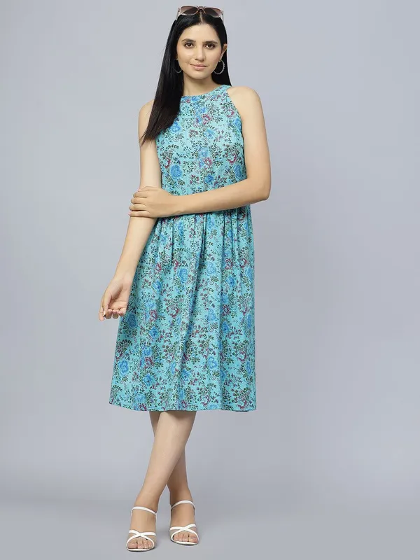 Blue_Cotton_Floral_Printed_Gathered_Cotton_A-Line_Midi_Dress_For_Women