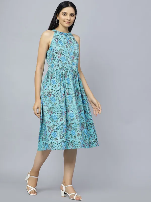 Blue_Cotton_Floral_Printed_Gathered_Cotton_A-Line_Midi_Dress_For_Women