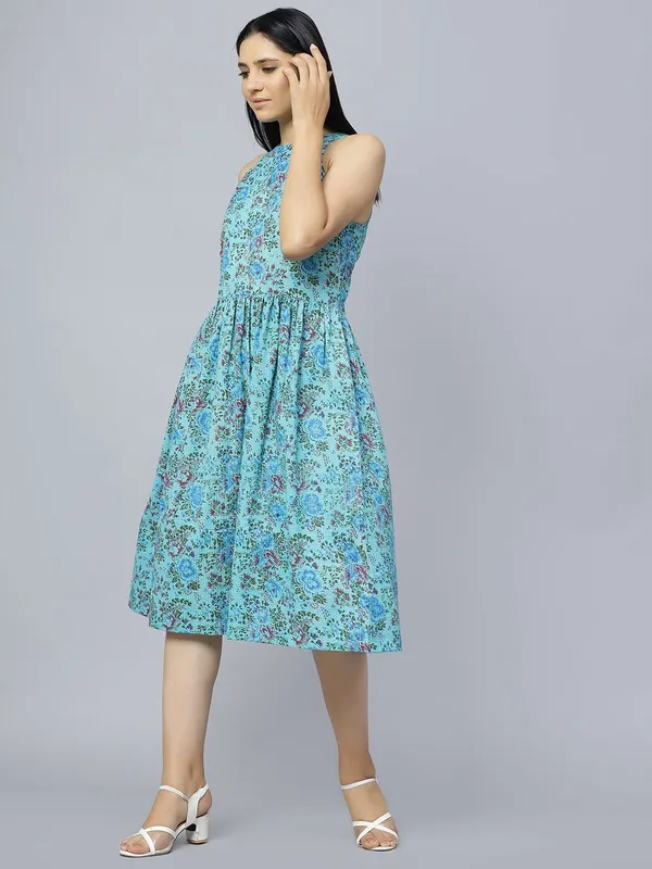 Blue_Cotton_Floral_Printed_Gathered_Cotton_A-Line_Midi_Dress_For_Women