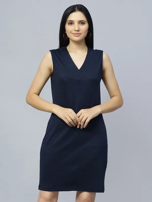 Blue_Cotton_V-Neck_Cotton_Sheath_Dress_For_Women