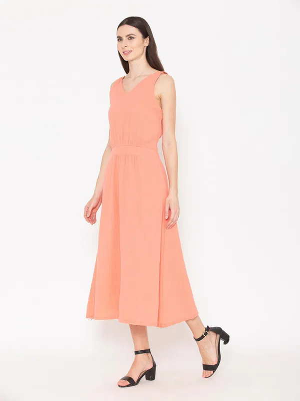 Pink_Cotton_V-Neck_Gathered_Detail_A-Line_Dress_For_Women