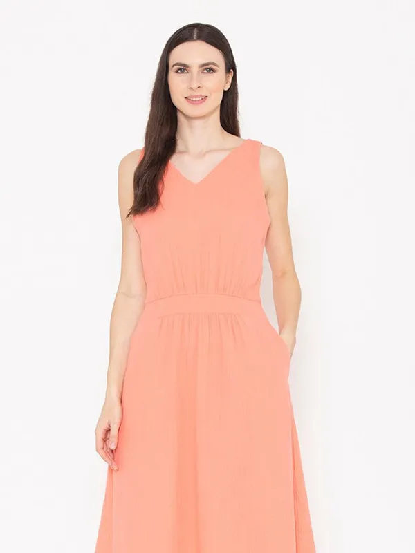 Pink_Cotton_V-Neck_Gathered_Detail_A-Line_Dress_For_Women