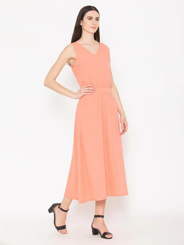 Pink_Cotton_V-Neck_Gathered_Detail_A-Line_Dress_For_Women