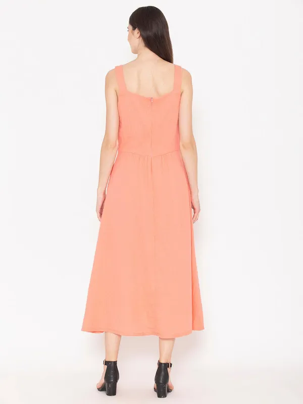 Pink_Cotton_V-Neck_Gathered_Detail_A-Line_Dress_For_Women