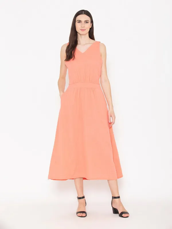 Pink_Cotton_V-Neck_Gathered_Detail_A-Line_Dress_For_Women