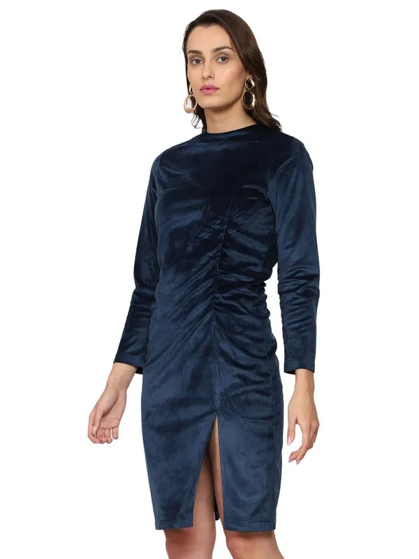 Blue_Cotton_Gathered_Detail_Sheath_Dress_For_Women