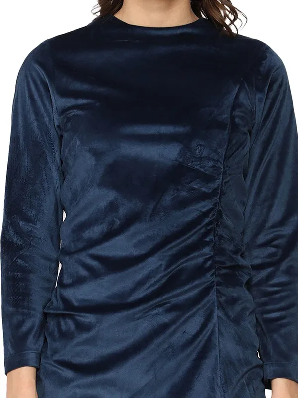 Blue_Cotton_Gathered_Detail_Sheath_Dress_For_Women